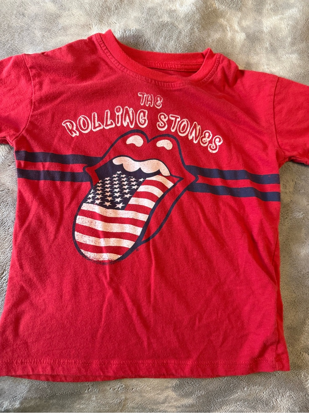 the Rolling Stones Red Kids Tee with Flag Tongue Graphic
